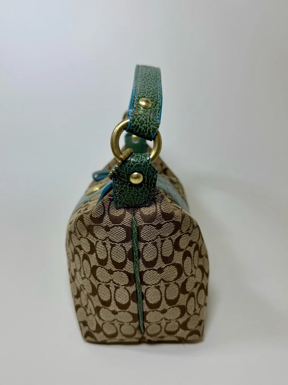 Coach 41066 Signature Jacquard Demi Shoulder Bag Teal Blue Leather Y2K